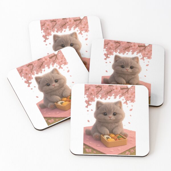 Item preview, Cute Sakura Picnic Cat - Fluffy Grey Cat with Bento Box & Cherry Blossoms designed and sold by Moons Studio.