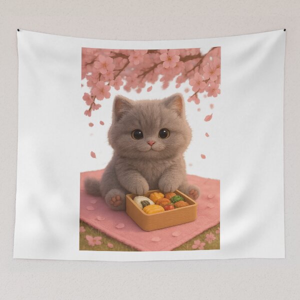 Item preview, Cute Sakura Picnic Cat - Fluffy Grey Cat with Bento Box & Cherry Blossoms designed and sold by Moons Studio.