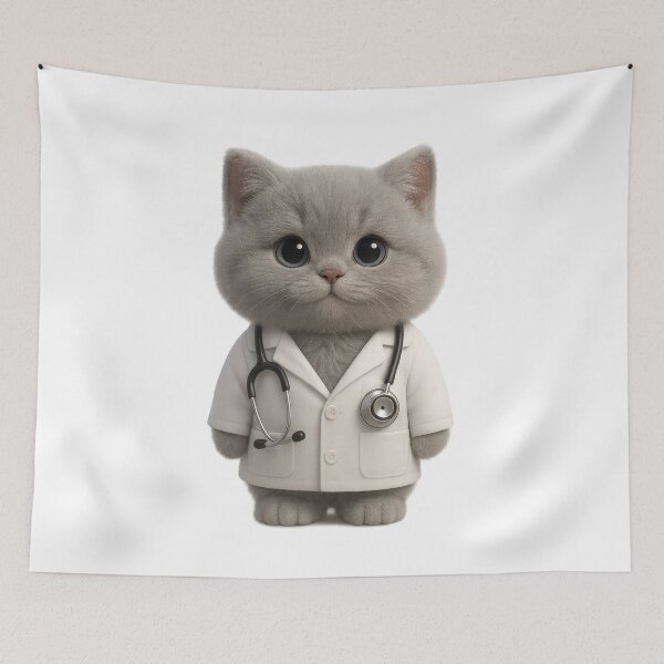 Item preview, Cute Doctor Cat in Lab Coat with Stethoscope - Adorable Fluffy Grey British Shorthair Cat Art  designed and sold by Moons Studio.