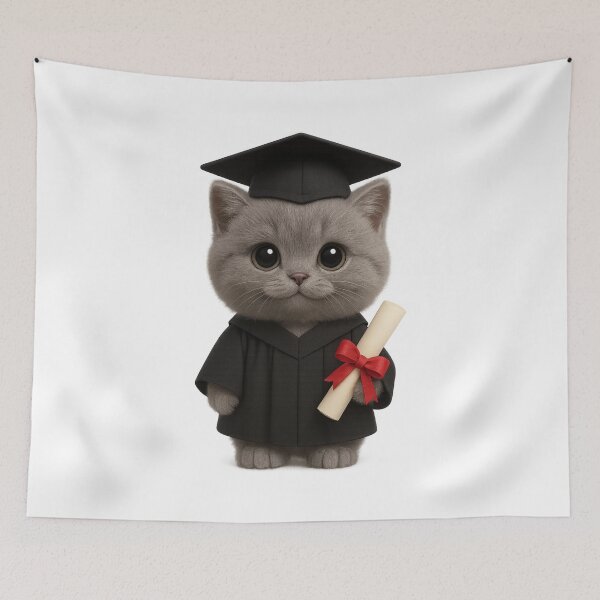 Item preview, Cute Graduation Cat in Cap and Gown with Diploma - Grey British Shorthair Art designed and sold by Moons Studio.