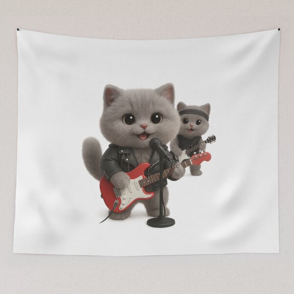 Item preview, Cute Rock Band Cat Playing Guitar - Adorable Grey British Shorthair Kitten Art designed and sold by Moons Studio.