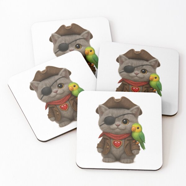 Item preview, Cute Pirate Cat With Parrot - Adorable Grey British Shorthair Treasure Cat designed and sold by Moons Studio.