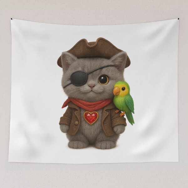 Item preview, Cute Pirate Cat With Parrot - Adorable Grey British Shorthair Treasure Cat designed and sold by Moons Studio.
