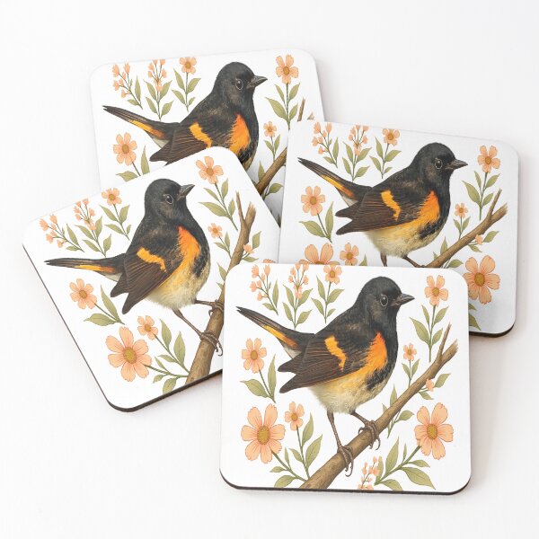 Item preview, American Redstart Bird with Peach Flowers designed and sold by BirdsnStuff.