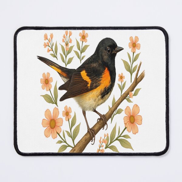 Item preview, American Redstart Bird with Peach Flowers designed and sold by BirdsnStuff.