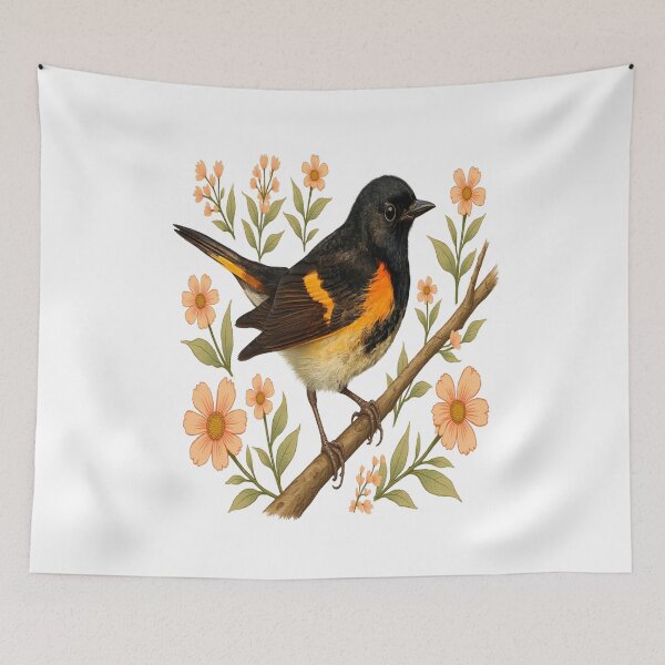 Item preview, American Redstart Bird with Peach Flowers designed and sold by BirdsnStuff.