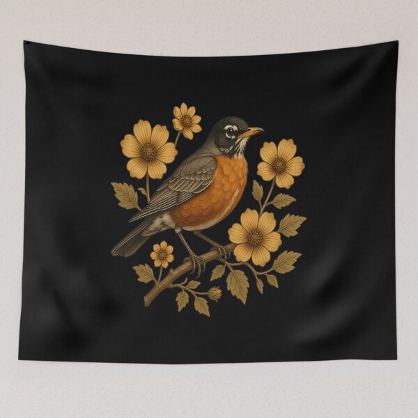 Item preview, American Robin with Yellow Flowers Nature Design designed and sold by BirdsnStuff.