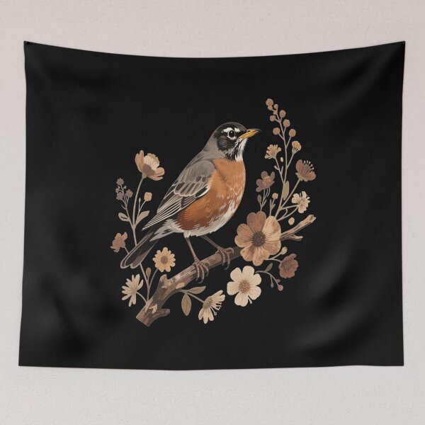 Item preview, American Robin with Beige Flowers Bird Nature Design designed and sold by BirdsnStuff.