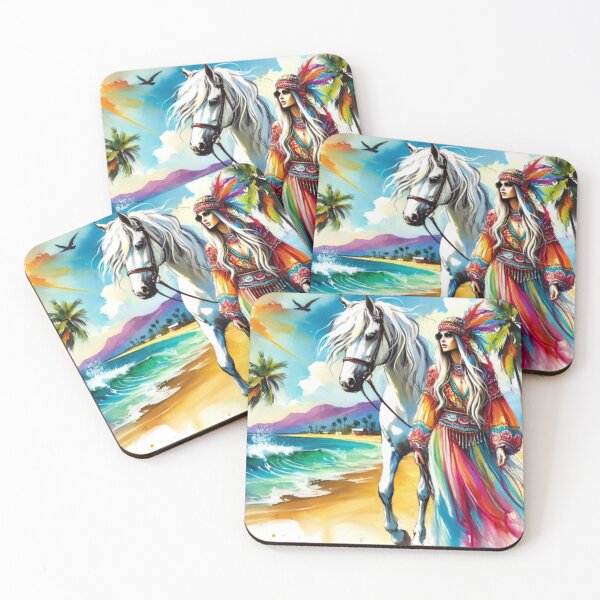 Item preview, Bohemian Woman with White Horse on a Tropical Beach designed and sold by  RoseCraft Atelier.