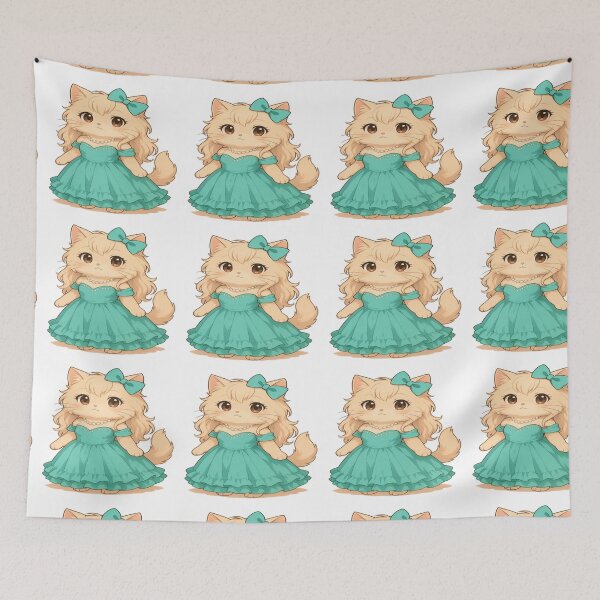 Item preview, A cartoon Persian cat wearing a green evening dress, with a green bow on her long orange hair. designed and sold by PWDigitalArt.