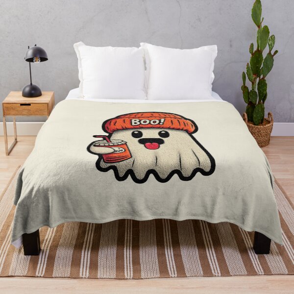 Item preview, Cute Ghost with Boo Beanie and Drink – Fun Halloween Illustration designed and sold by Art of Ngu.