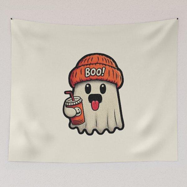 Item preview, Cute Ghost with Boo Beanie and Drink – Fun Halloween Illustration designed and sold by Art of Ngu.