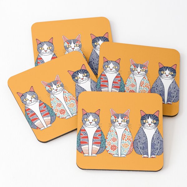 Item preview, Red, Aqua, and Navy Patterned Cats – Ukiyo-e Style Trio designed and sold by LEO'S CREATURE　れおずくりーちゃー.