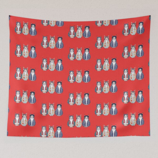 Item preview, Red, Aqua, and Navy Patterned Cats – Ukiyo-e Style Trio designed and sold by LEO'S CREATURE　れおずくりーちゃー.