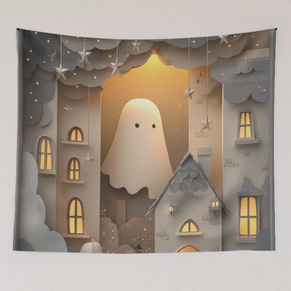 Item preview, Paper-Cut Ghost Above Town — Cozy Shadowbox Night designed and sold by AJ Lab.