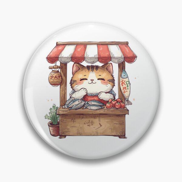 Item preview, Kawaii Vintage Cat Fish Seller | Japanese Market Stall Illustration designed and sold by UmazDesigns.