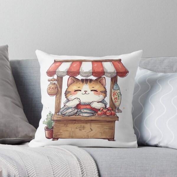 Item preview, Kawaii Vintage Cat Fish Seller | Japanese Market Stall Illustration designed and sold by UmazDesigns.