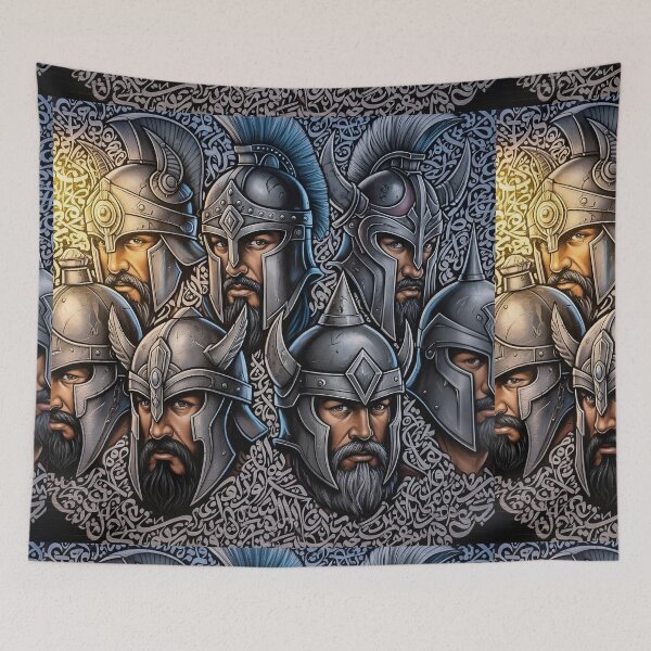 Item preview, Ancient Viking warriors with Arabic calligraphy around themie n black, grey, silver, and white designed and sold by jotcar.