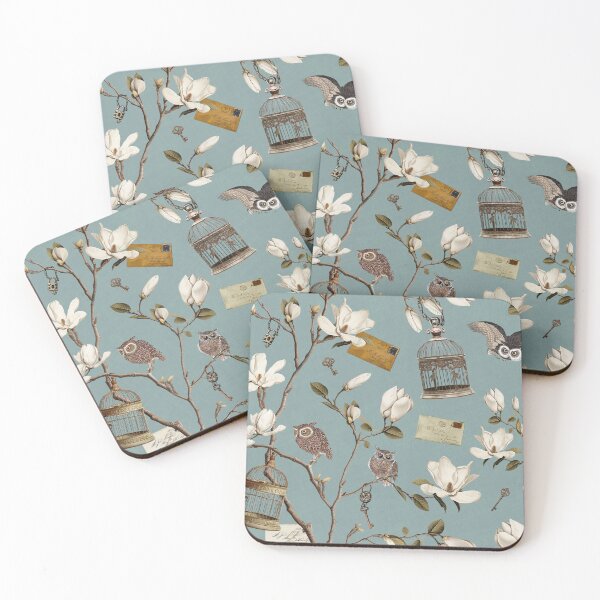 Item preview, Magnolia Grove with Owls in duck egg blue designed and sold by Delinda Graphic Studio.