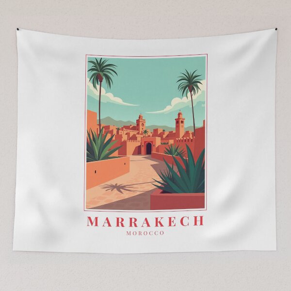 Item preview, Marrakech Morocco Illustration – Medina Arches, Souks & Atlas Sunset designed and sold by MapMyMiles.