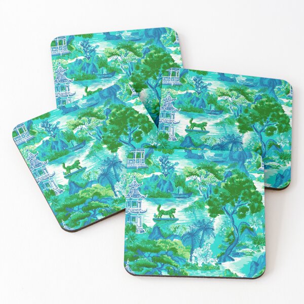 Item preview, Preppy green and turquouse chinoiserie garden with pagodas and Foo dogs designed and sold by SophieClimaArt.
