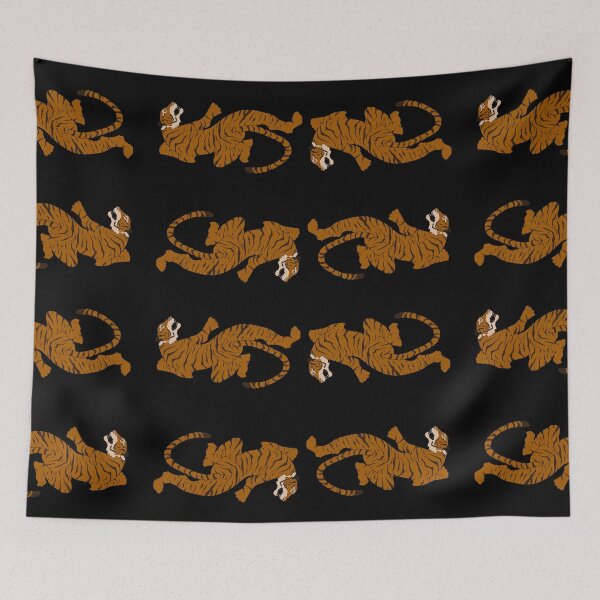 Item preview, Lion print on black background, repeating jungle themed animal print pattern textile designed and sold by DanBosDesigns.
