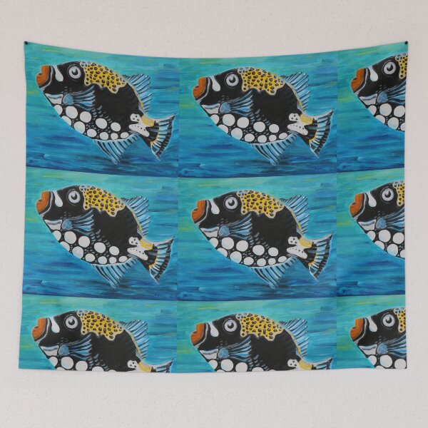 Aperçu de l'œuvre Peinture acrylique "Clowning Around" Clown Triggerfish par Kristin Logan créée et vendue par Blue Water Ocean Art.