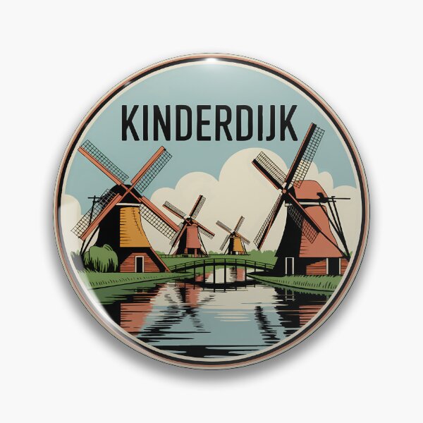 Item preview, Kinderdijk Windmills Netherlands Illustration Travel Art Badge designed and sold by KrisSidDesigns.