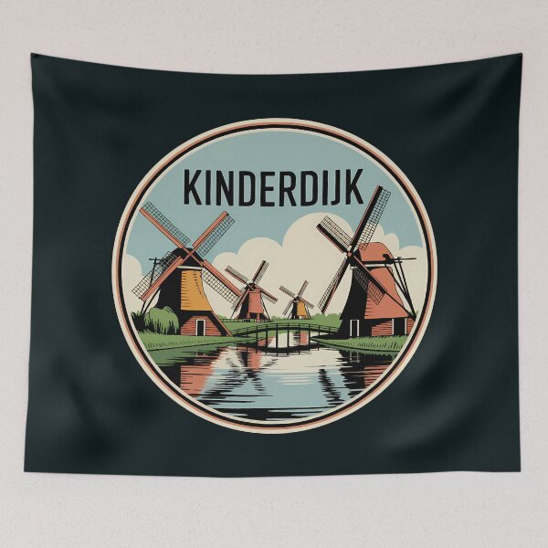 Item preview, Kinderdijk Windmills Netherlands Illustration Travel Art Badge designed and sold by KrisSidDesigns.