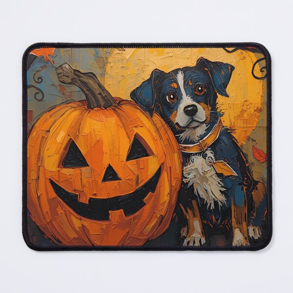Item preview, Halloween Dog and Pumpkin Art Print by Mazieblu on Redbubble designed and sold by Mazieblu.