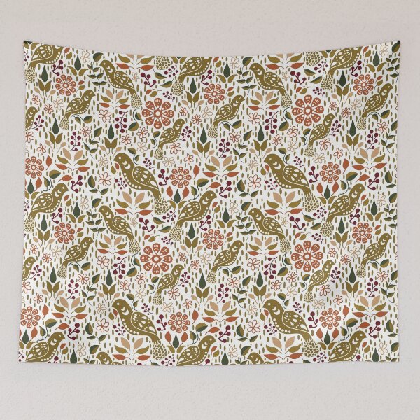 Item preview, Fabric in Autumn Folk Art Pheasants with Pumpkins Berries and Leaves-Rustic Fall designed and sold by Christina Anderson.