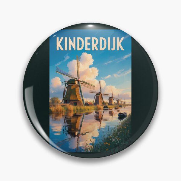 Item preview, Kinderdijk Windmills Netherlands Illustration Travel Art Vintage designed and sold by KrisSidDesigns.