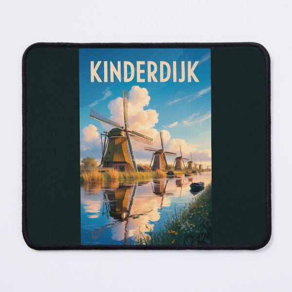 Item preview, Kinderdijk Windmills Netherlands Illustration Travel Art Vintage designed and sold by KrisSidDesigns.