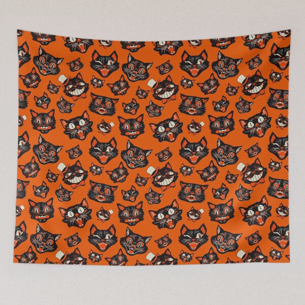 Item preview, CTKR Studio Retro Vintage Halloween Black Cat Faces Pattern - Orange Background designed and sold by ctkrstudio.