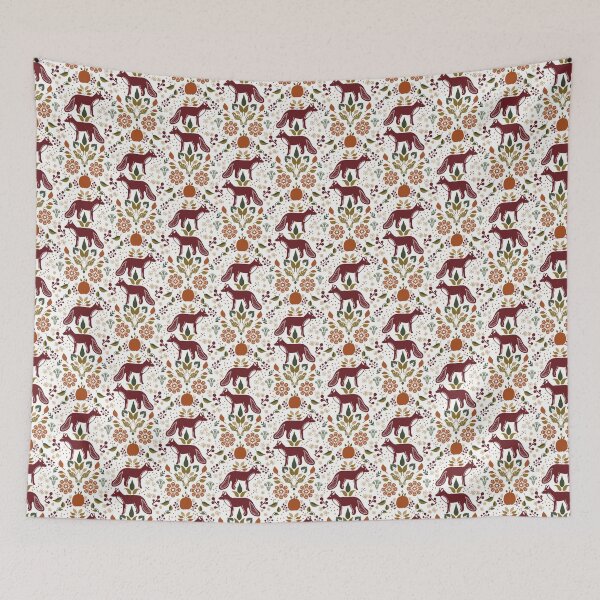 Item preview, Fabric in Autumn Folk Art Foxes with Pumpkins Berries and Flowers-Rustic Fall Pattern designed and sold by Christina Anderson.