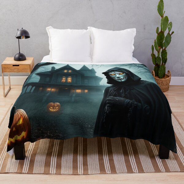 Item preview, Mysterious Hooded Figure in a Haunted Forest with Pumpkin and Castle designed and sold by AmetistLight.