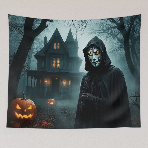 Item preview, Mysterious Hooded Figure in a Haunted Forest with Pumpkin and Castle designed and sold by AmetistLight.