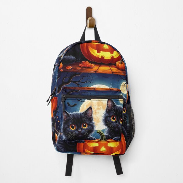 Item preview, Cute Black Cats with Pumpkin Lantern and Double Moon Halloween Night designed and sold by AmetistLight.