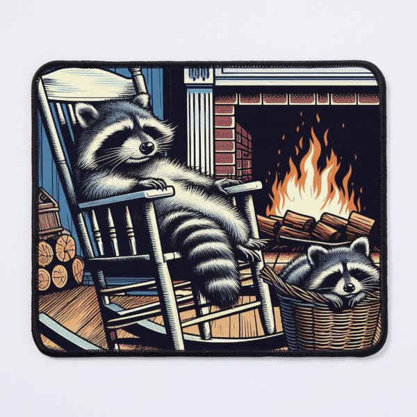 Item preview, cute raccoons sleeping in front of the fireplace designed and sold by Dogandesighn.