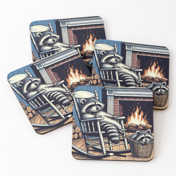 Item preview, cute raccoons sleeping in front of the fireplace designed and sold by Dogandesighn.