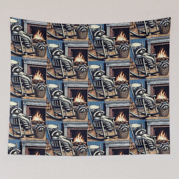 Item preview, cute raccoons sleeping in front of the fireplace designed and sold by Dogandesighn.