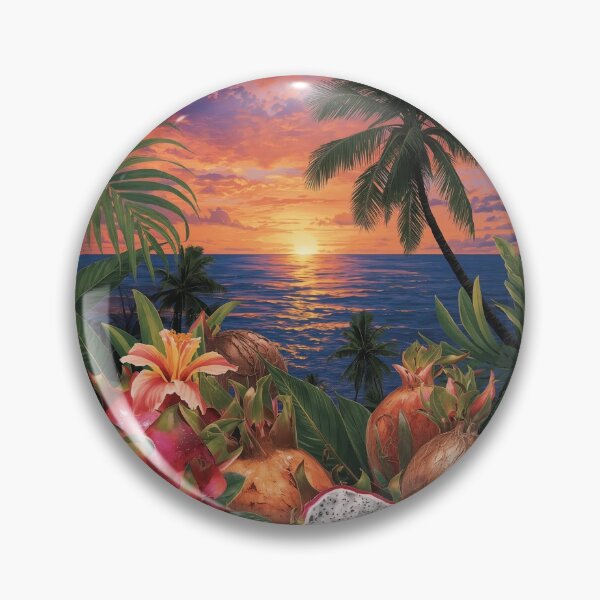 Aperçu de l'œuvre « Collage de coucher de soleil tropical – Pitaya, noix de coco, hibiscus et palmier » créée et vendue par NomadikStudio.