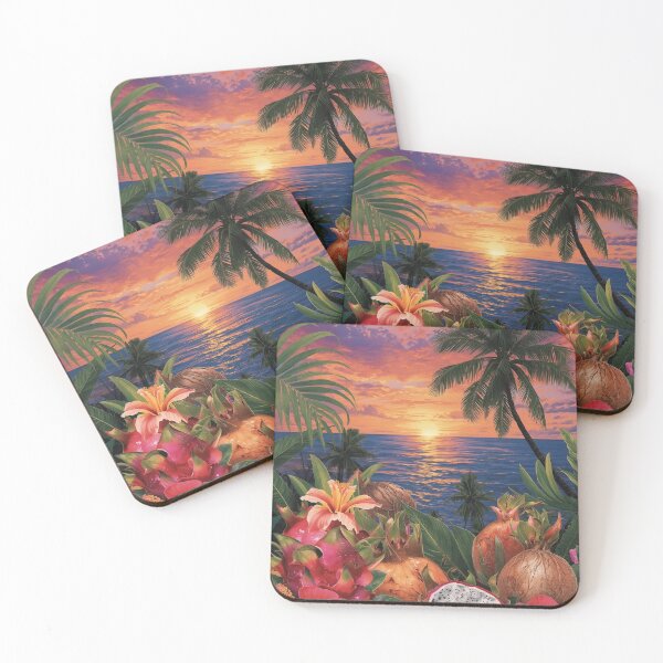 Item preview, “Tropical Sunset Collage – Pitaya, Coconut, Hibiscus & Palm” designed and sold by NomadikStudio.