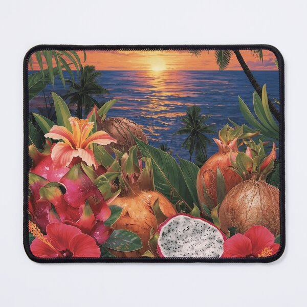 Item preview, “Tropical Sunset Collage – Pitaya, Coconut, Hibiscus & Palm” designed and sold by NomadikStudio.