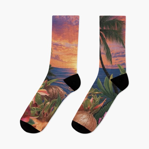 Item preview, “Tropical Sunset Collage – Pitaya, Coconut, Hibiscus & Palm” designed and sold by NomadikStudio.