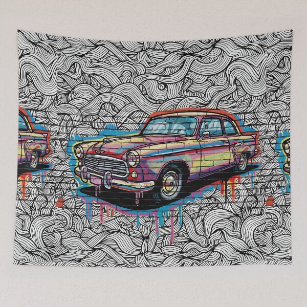Item preview, Old car on a wall with graffiti in different colors and black lines designed and sold by jotcar.