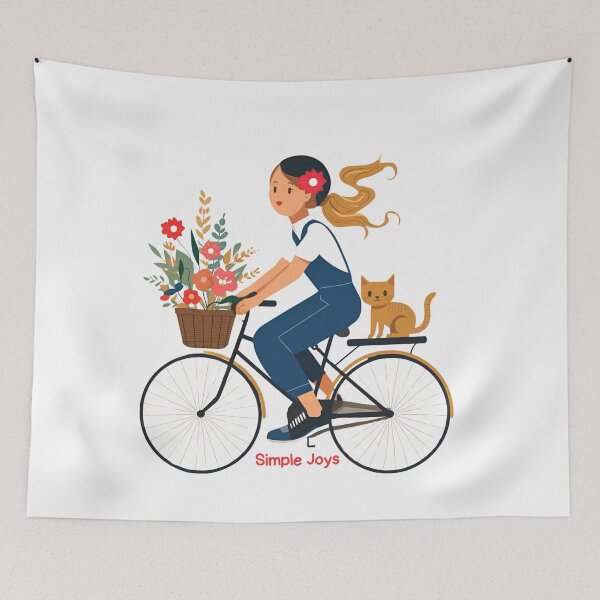 Item preview, Simple Joys – Cute Bicycle Girl with Flowers and Kitten Illustration - Small Print Version designed and sold by asliberry.
