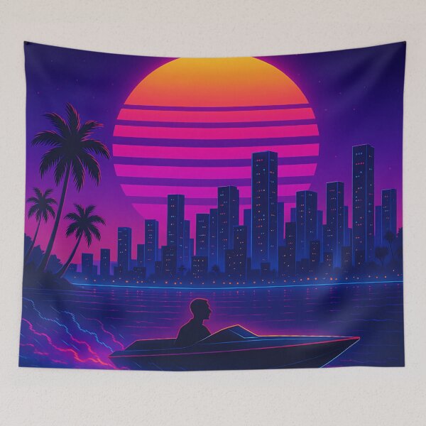 Item preview, Neon Miami Nights – Retro Synthwave Speedboat Cityscape designed and sold by JWsNeonHorizons.
