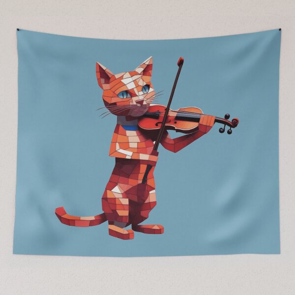 Item preview, cat playing violin geometric mosaic designed and sold by designmari.
