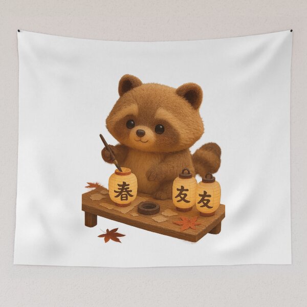 Item preview, Cute Raccoon Painting Lanterns - Kawaii Tanuki Japanese Cottagecore Art designed and sold by Moons Studio.